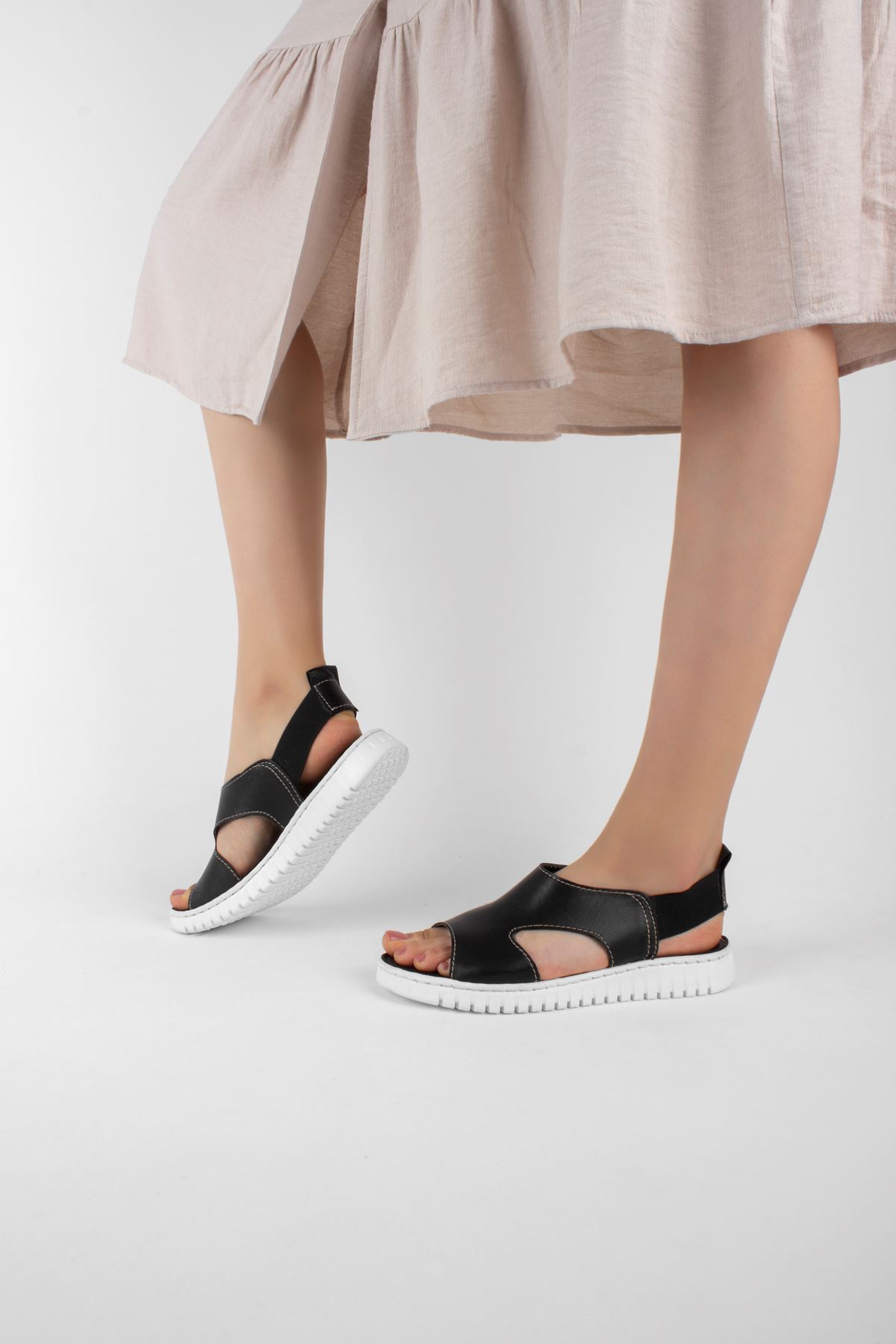 Silver Hakiki Deri Kadın Sandalet Kenarı Açık Memory Taban-siyah
