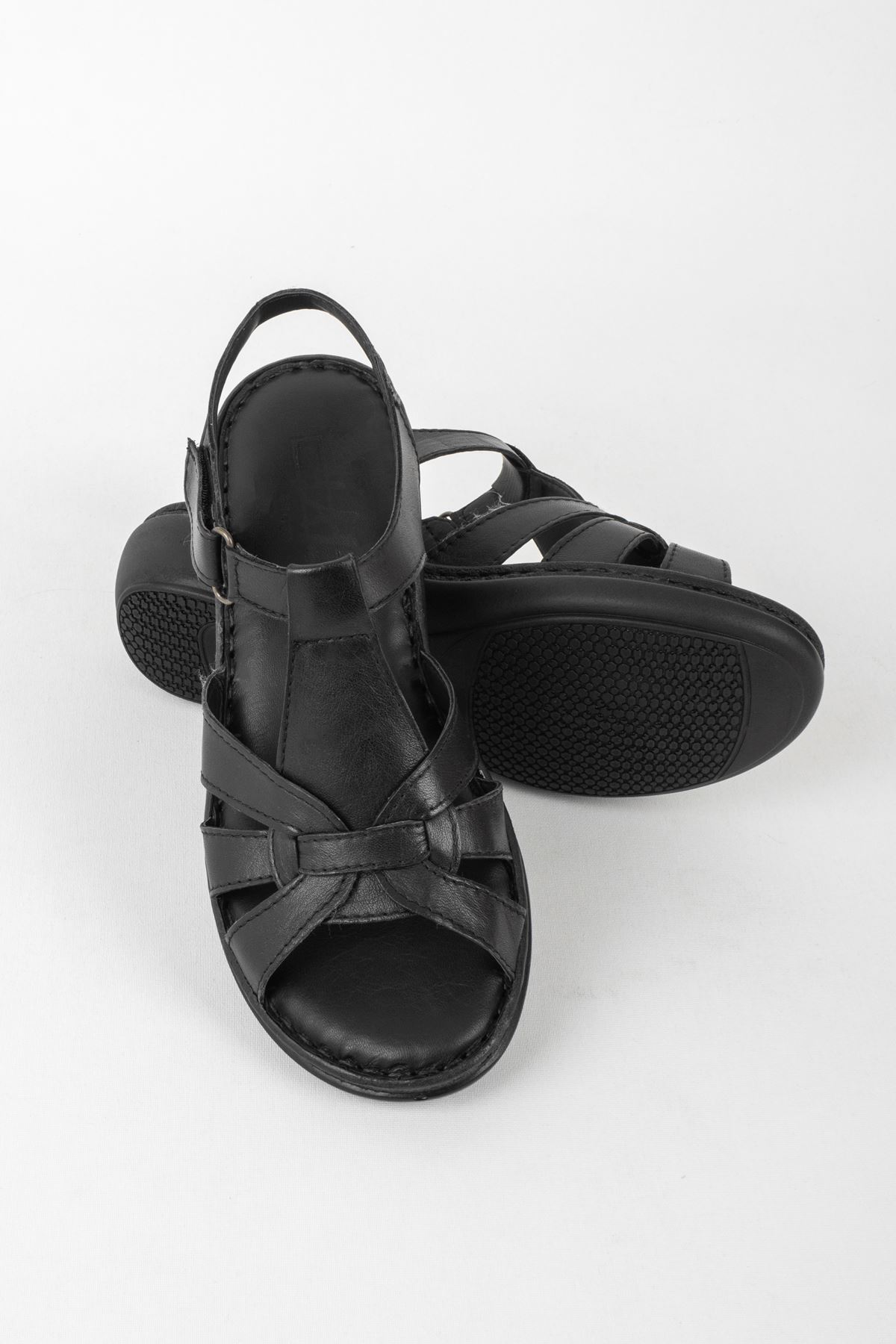 Caramel Hakiki Deri Kadın Sandalet Memory Taban-siyah