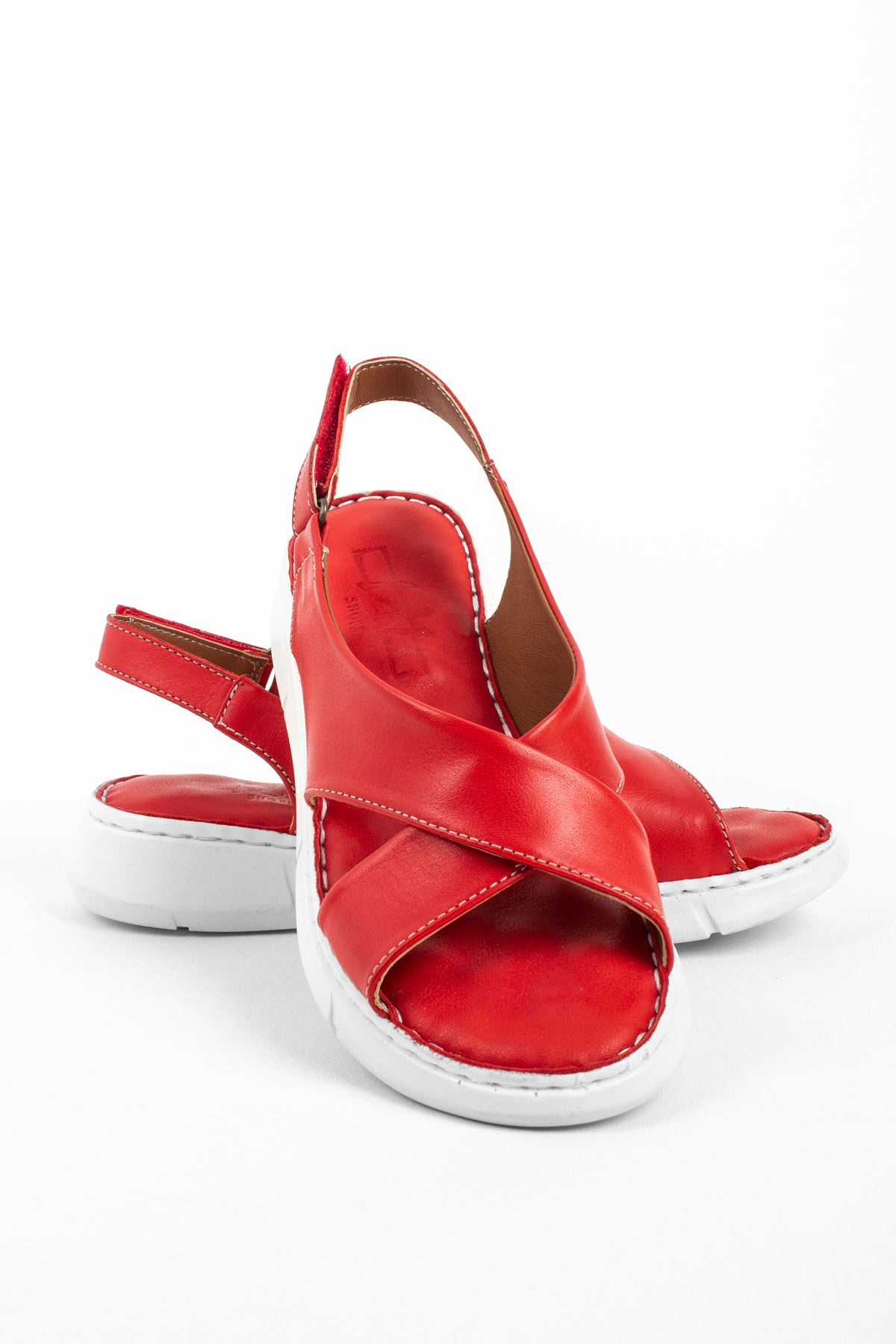 Willow Hakiki Deri Kadın Sandalet Çapraz Kemer-Kırmızı