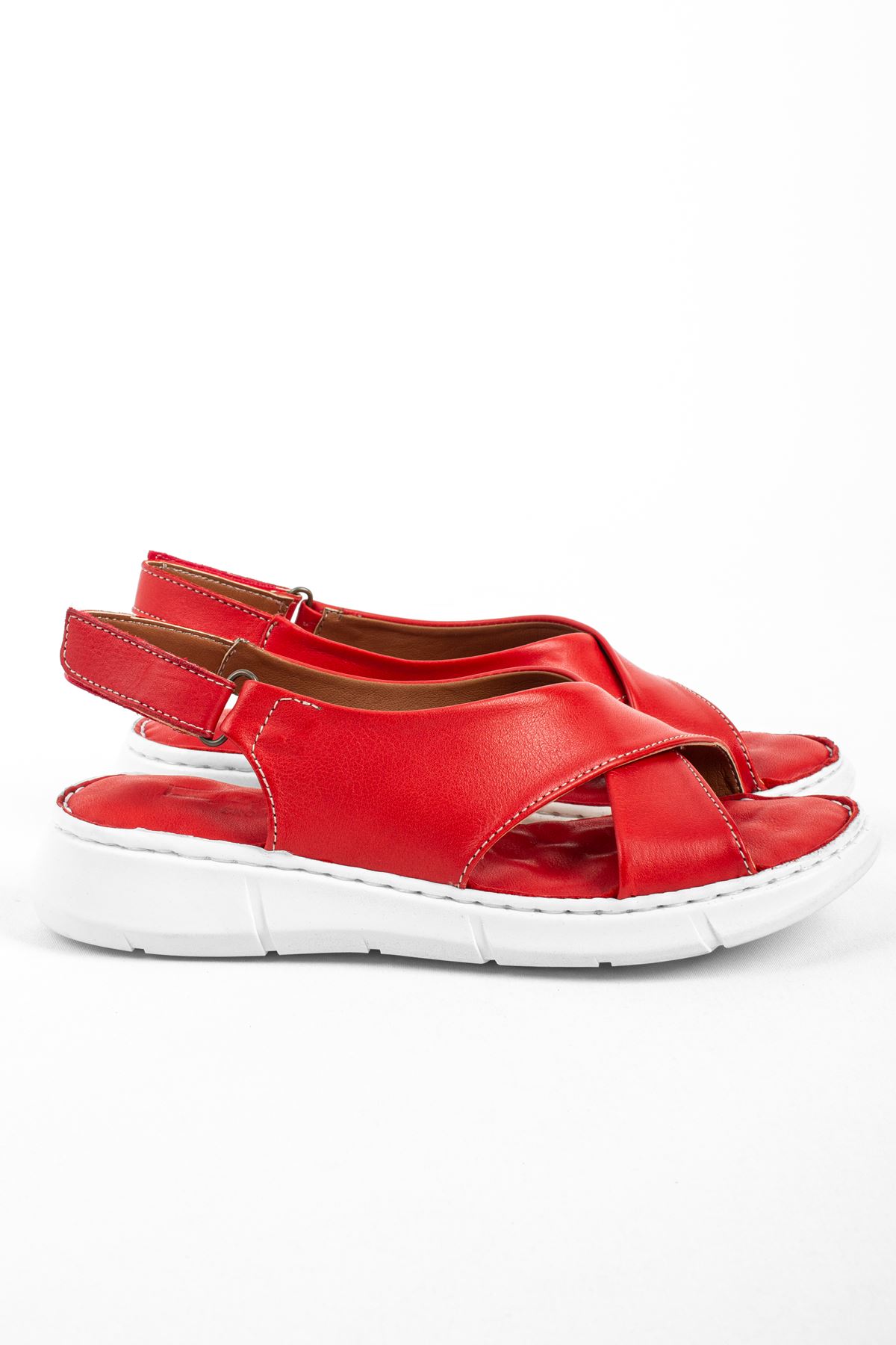 Willow Hakiki Deri Kadın Sandalet Çapraz Kemer-Kırmızı
