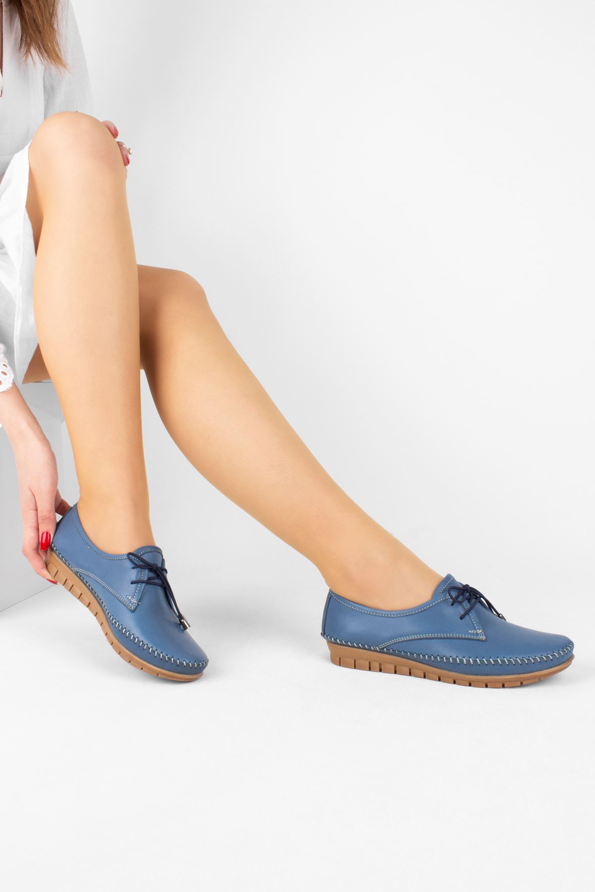 Punco Kadın Hakiki Deri Günlük Ayakkabı Dikiş Detaylı-Mavi