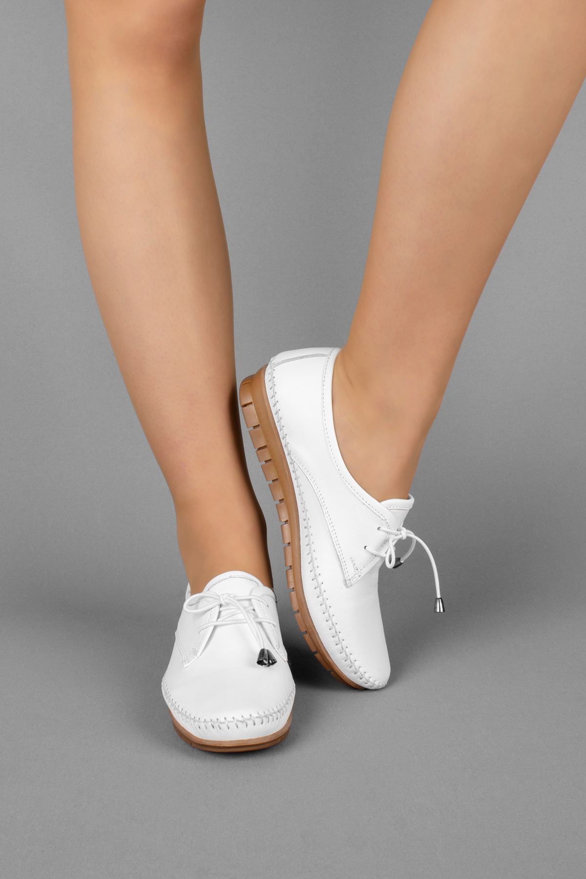 Punco Kadın Hakiki Deri Günlük Ayakkabı Dikiş Detaylı-beyaz