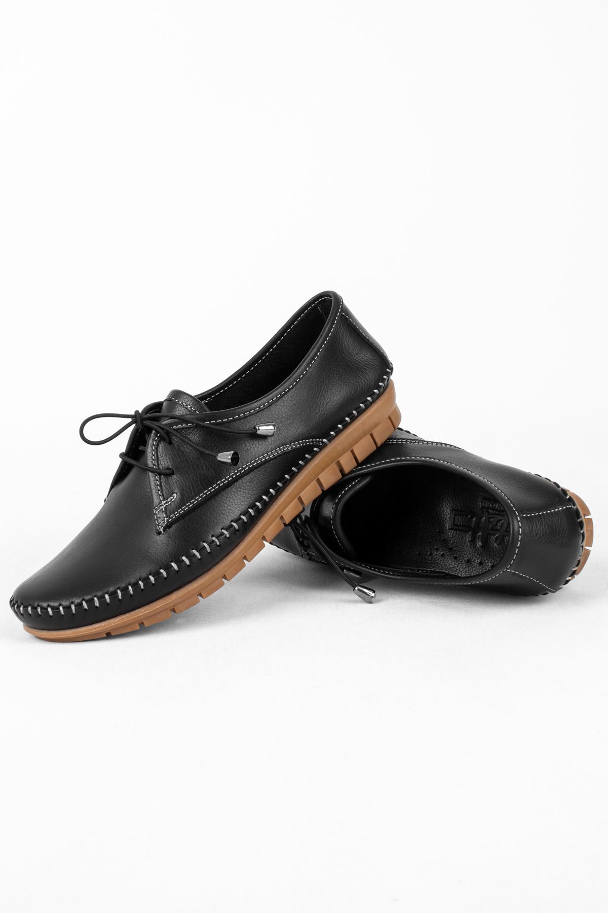 Punco Kadın Hakiki Deri Günlük Ayakkabı Dikiş Detaylı-siyah