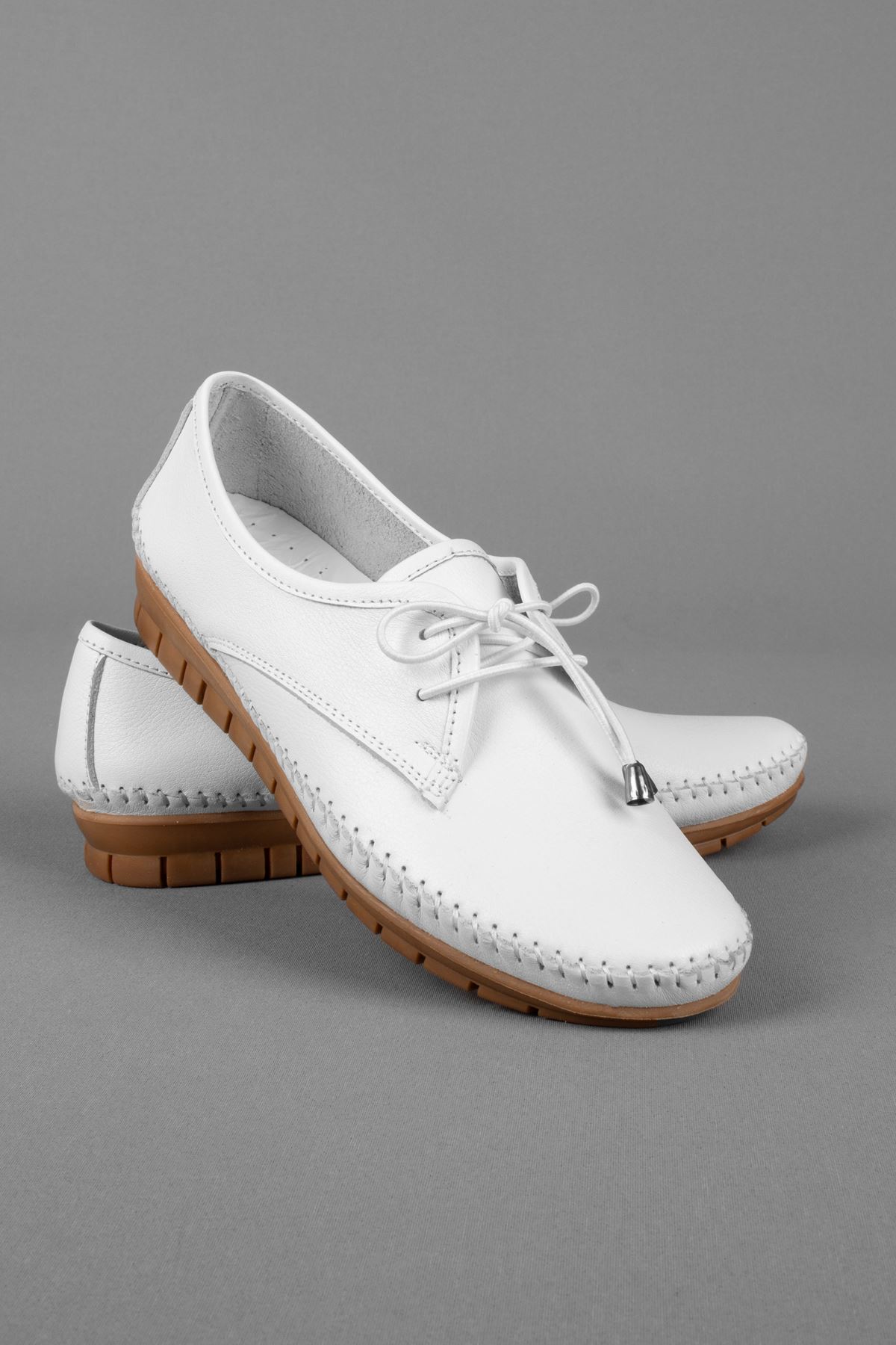 Punco Kadın Hakiki Deri Günlük Ayakkabı Dikiş Detaylı-beyaz