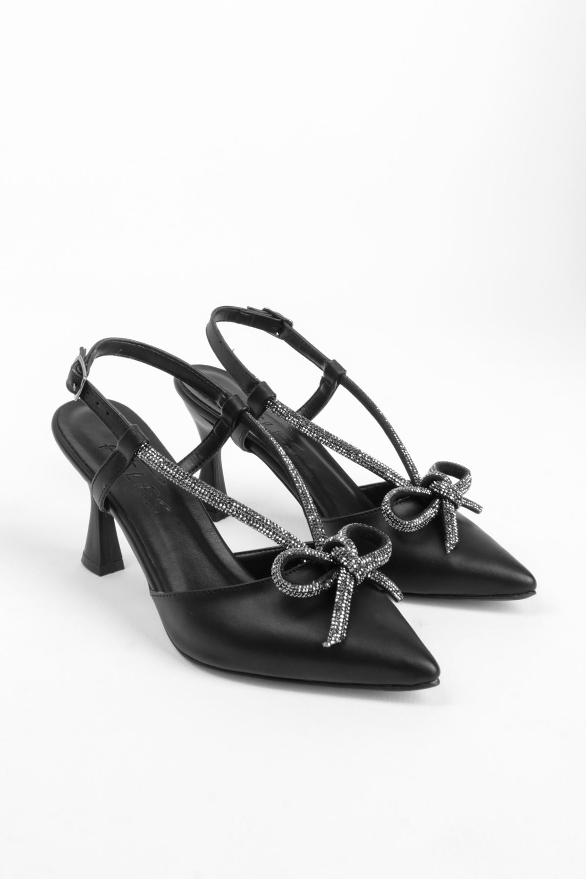 Petunya Kadın Topuklu Ayakkabı Kurdela Taş Geçişli-siyah
