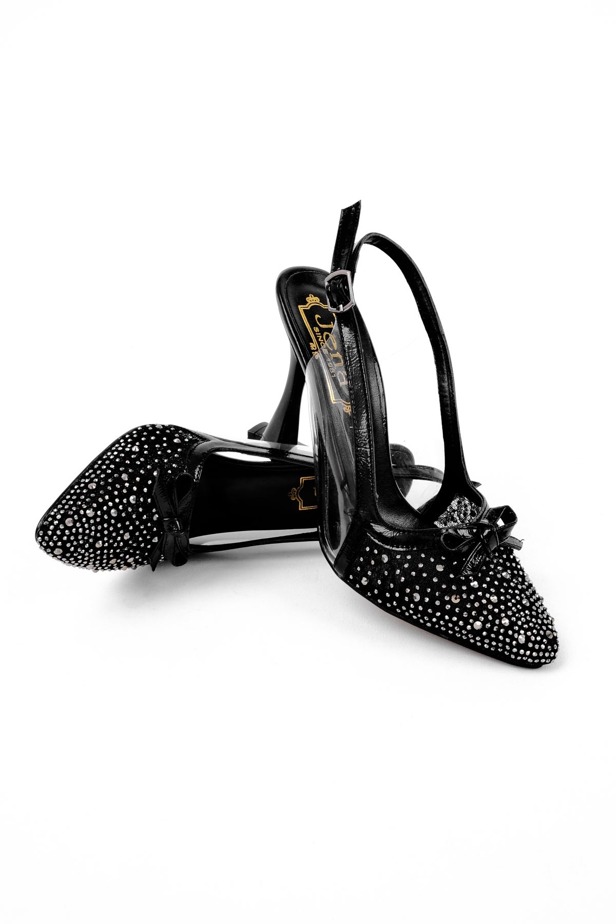 Brendon Kadın Taşlı Fiyonklu Şeffaf Topuklu Ayakkabı-siyah