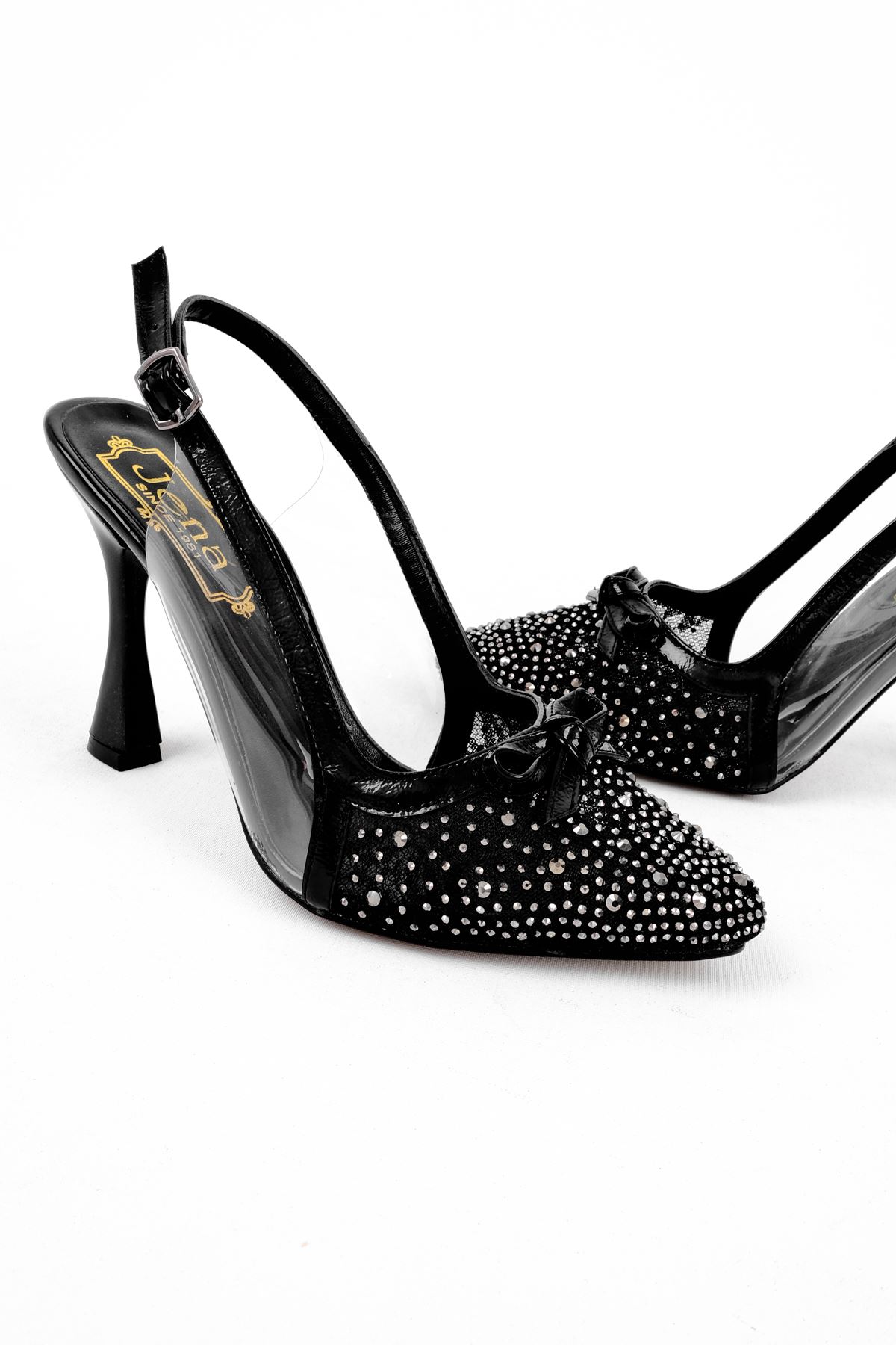 Brendon Kadın Taşlı Fiyonklu Şeffaf Topuklu Ayakkabı-siyah