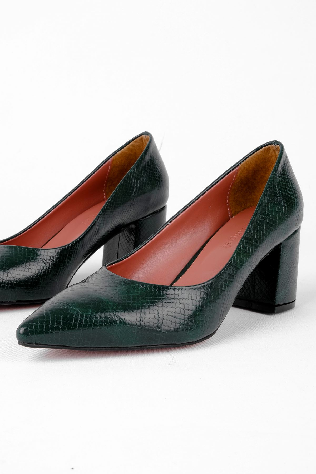 Honour Kadın Sivri Burun Kalın Topuklu Ayakkaı-Yeşil