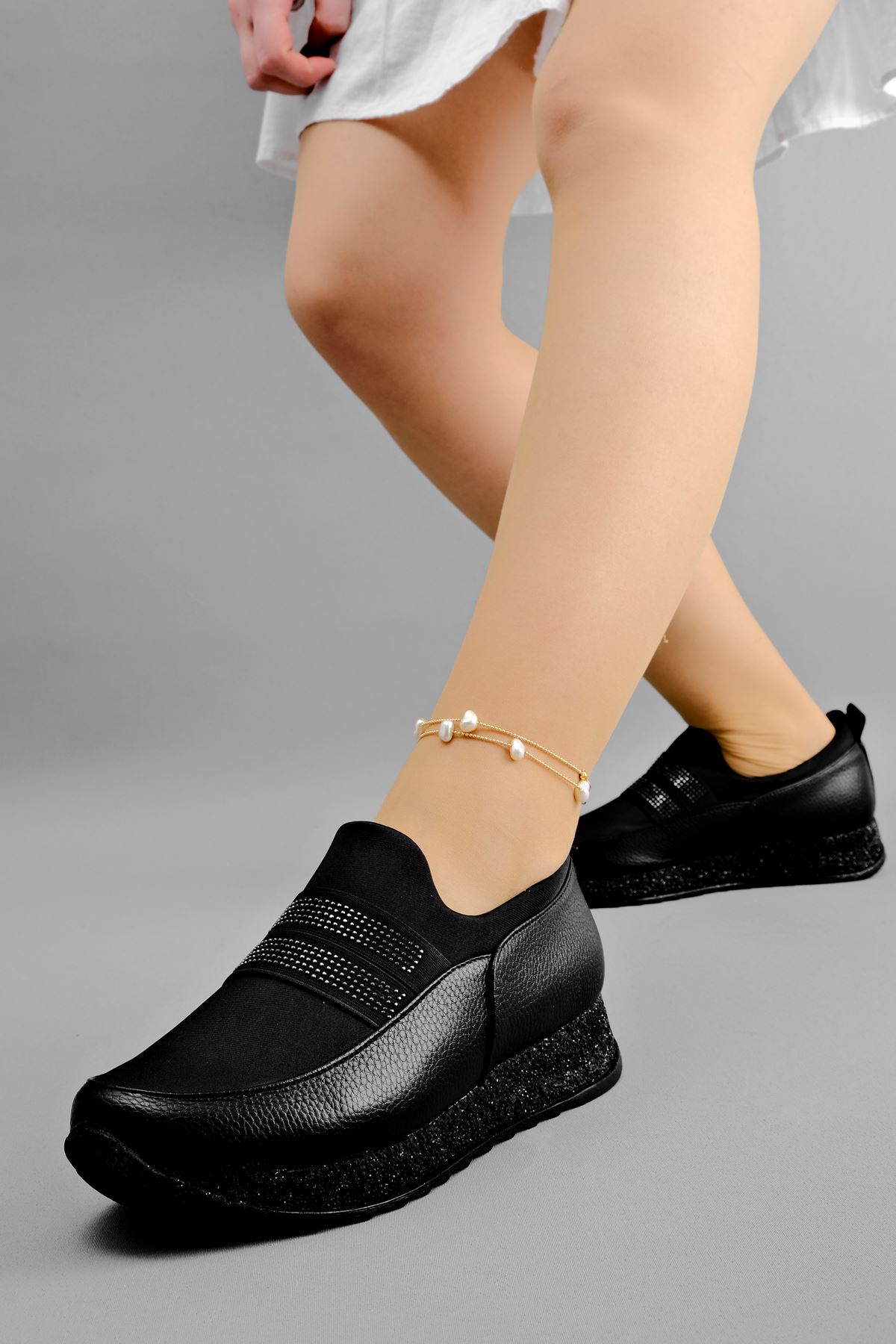 Zeta Kadın Çift Lastik Detaylı Spor Ayakkabı-siyah