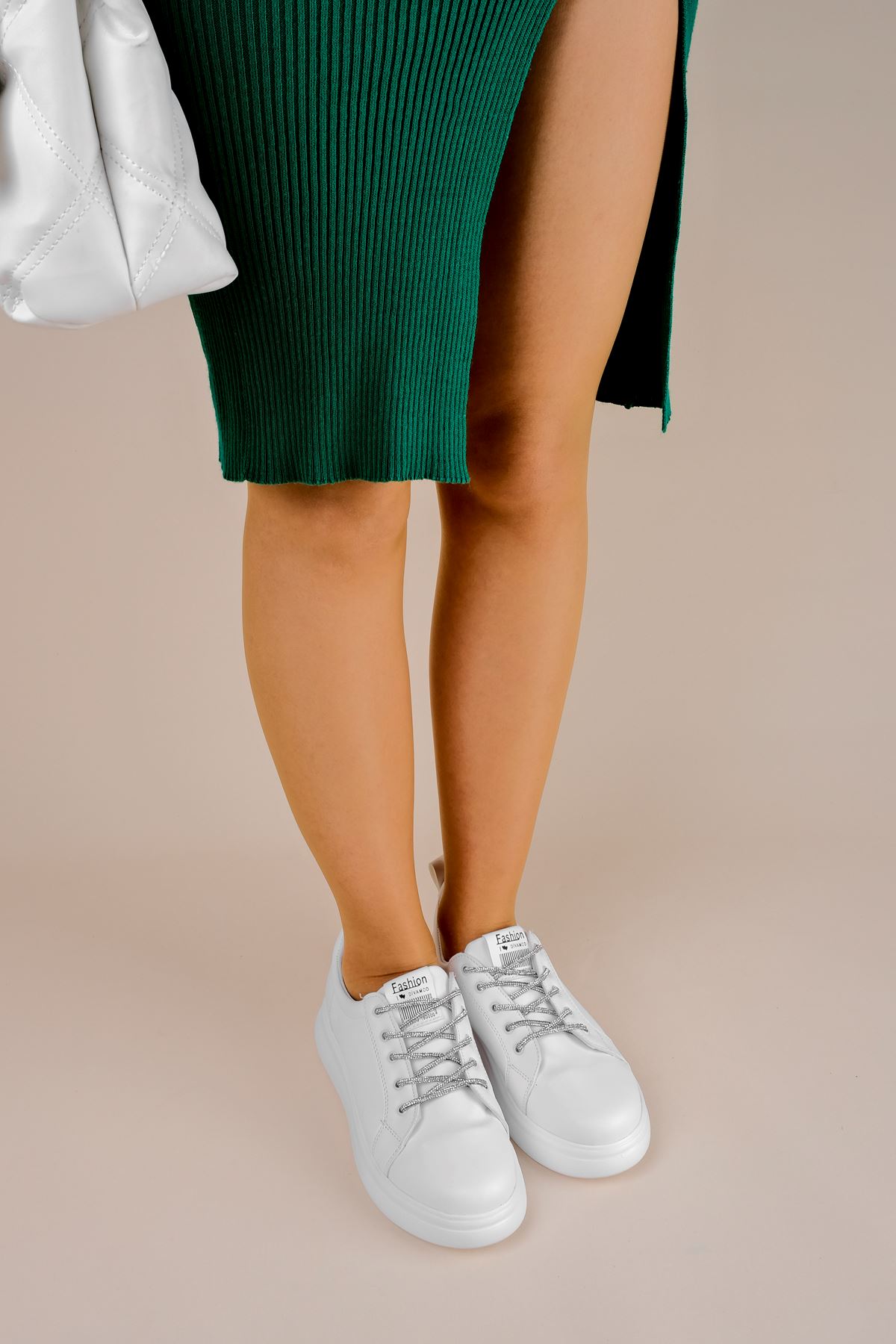 Belen Kadın Spor Ayakkabı Bağcık Parlak Taşlı-beyaz