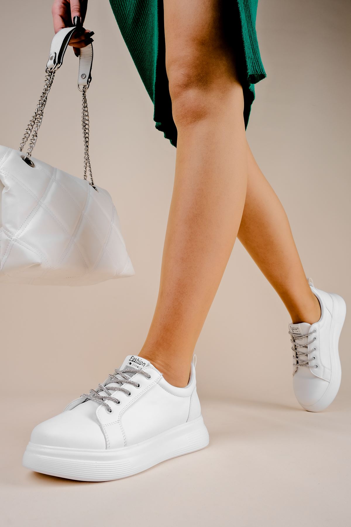 Belen Kadın Spor Ayakkabı Bağcık Parlak Taşlı-beyaz