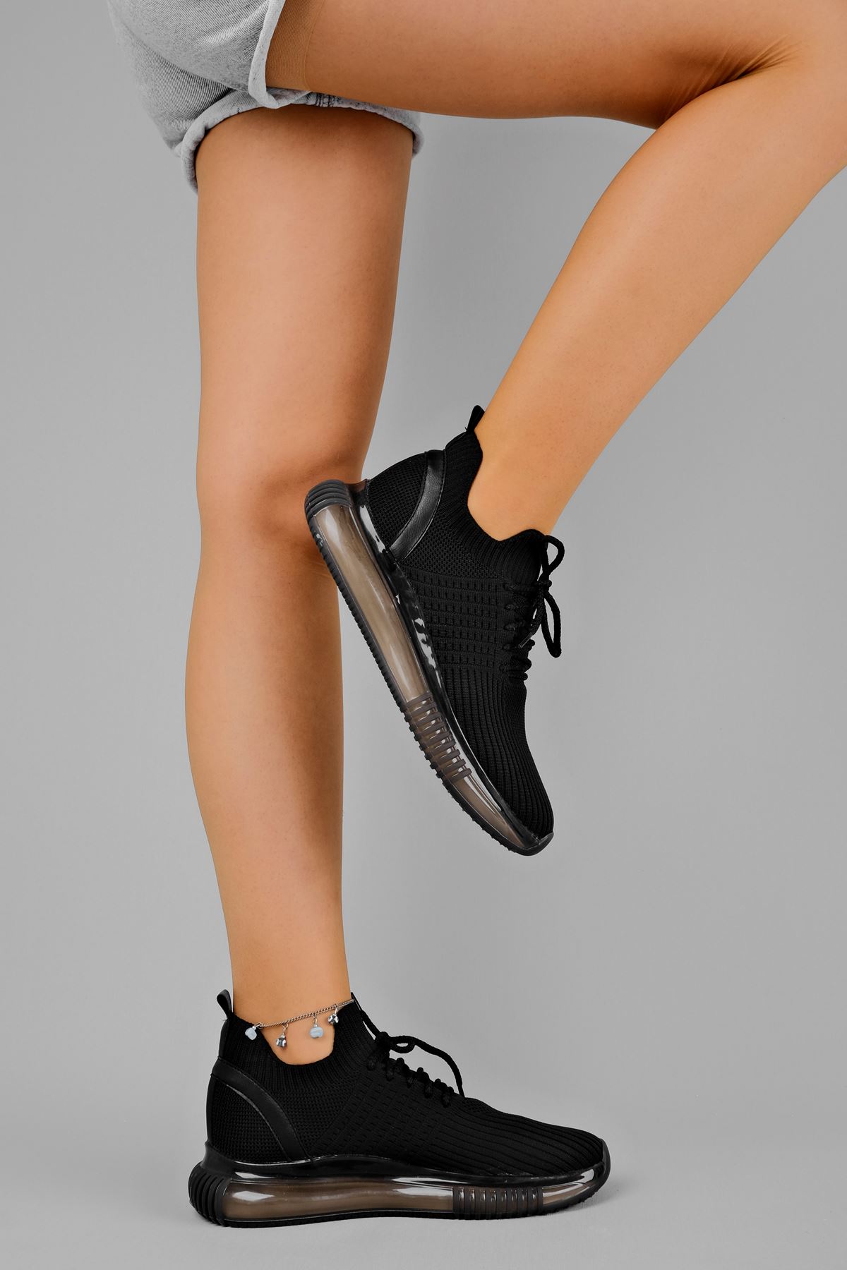 Cona Kadın Triko Spor Ayakkabı Bağcıklı-siyah