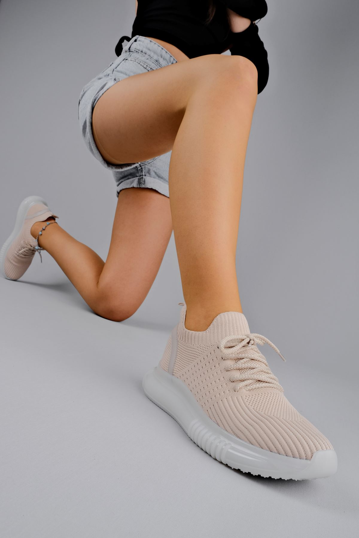 Cona Kadın Triko Spor Ayakkabı Bağcıklı-Bej