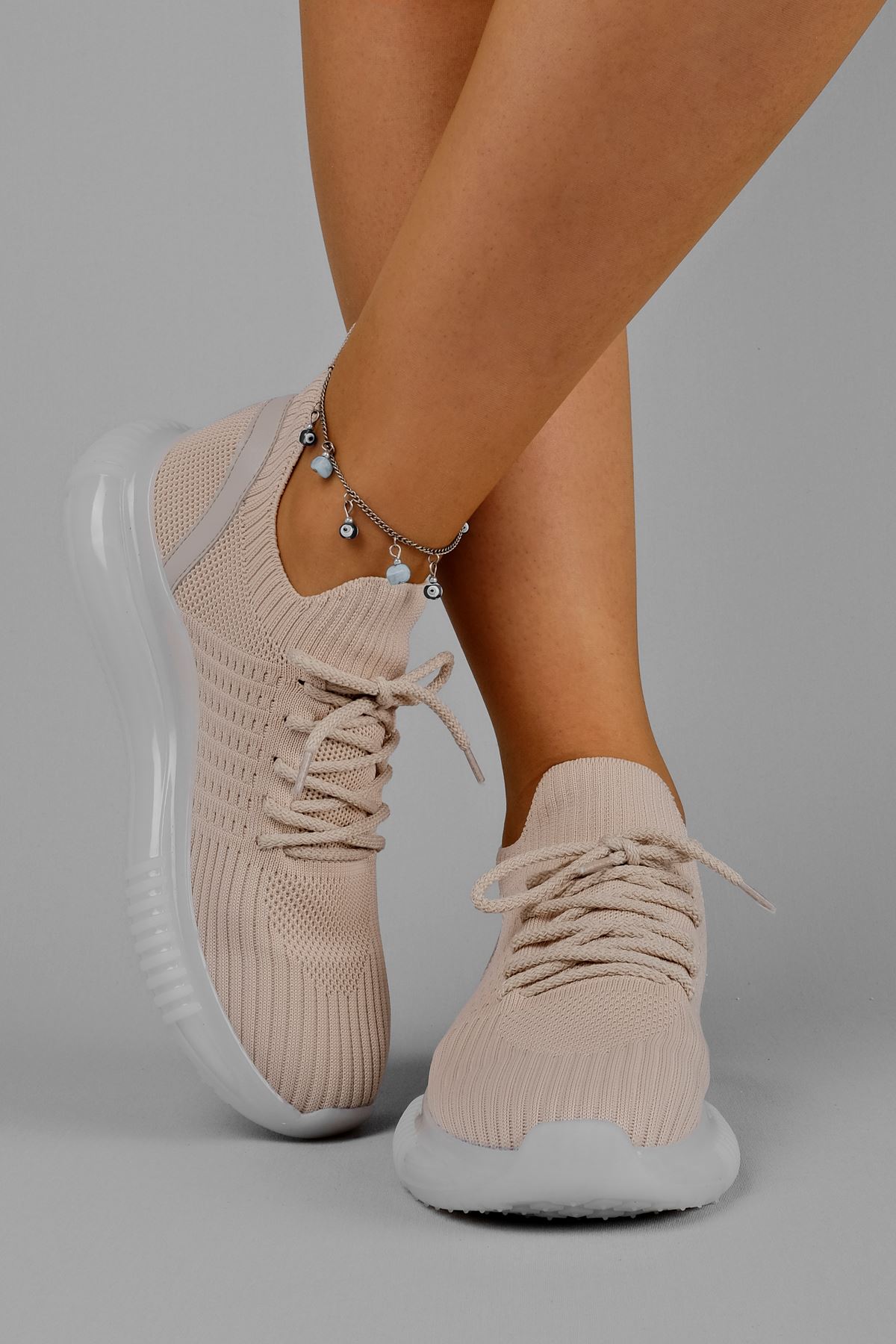 Cona Kadın Triko Spor Ayakkabı Bağcıklı-Bej