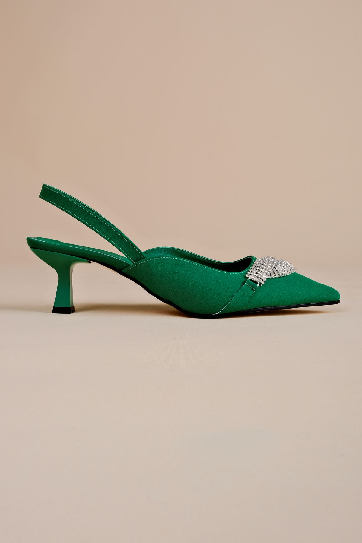 Connor Kadın Taşlı Sivri Burun Topuklu Ayakkabı-Yeşil