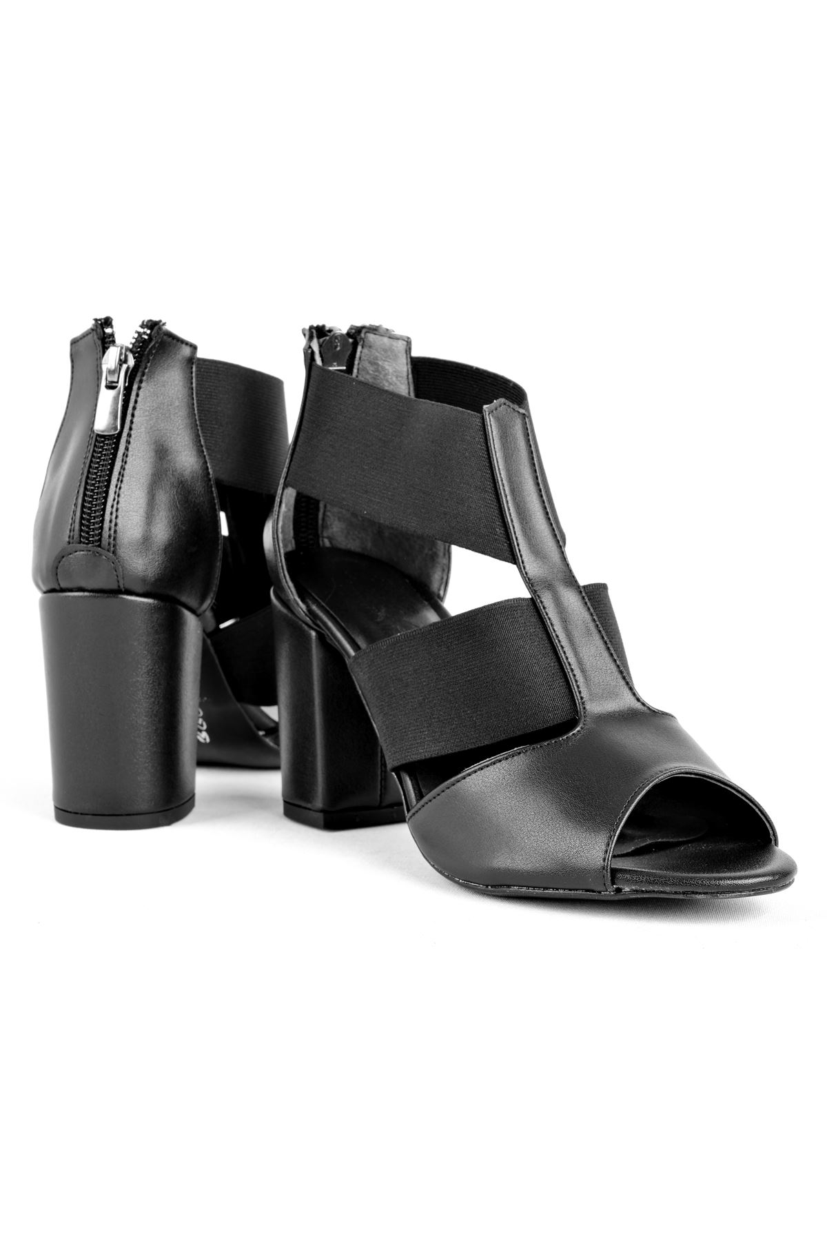 Shir Kadın Topuklu Ayakkabı Lastik Detaylı-siyah