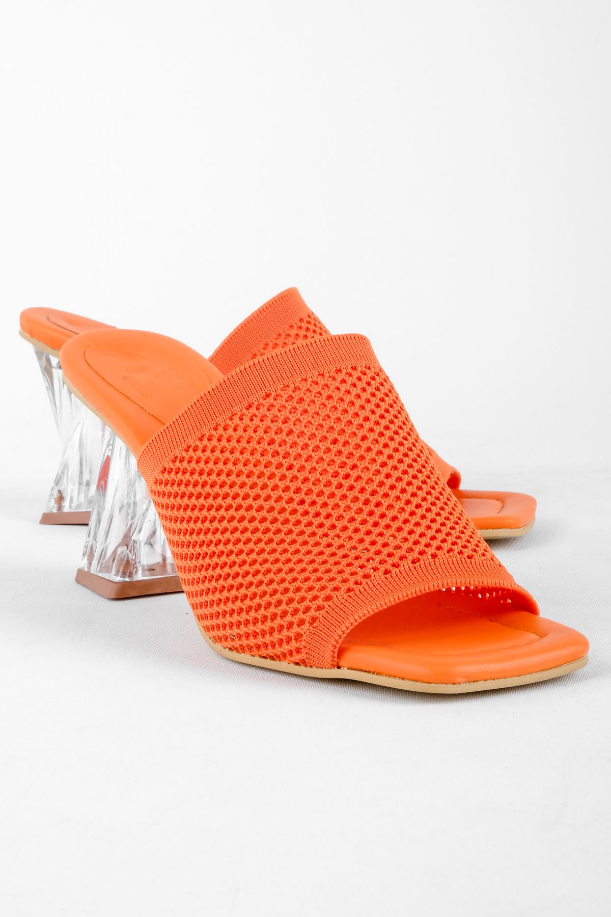 Afra Kadın Triko Topuklu Terlik-Şeffaf Topuk-turuncu