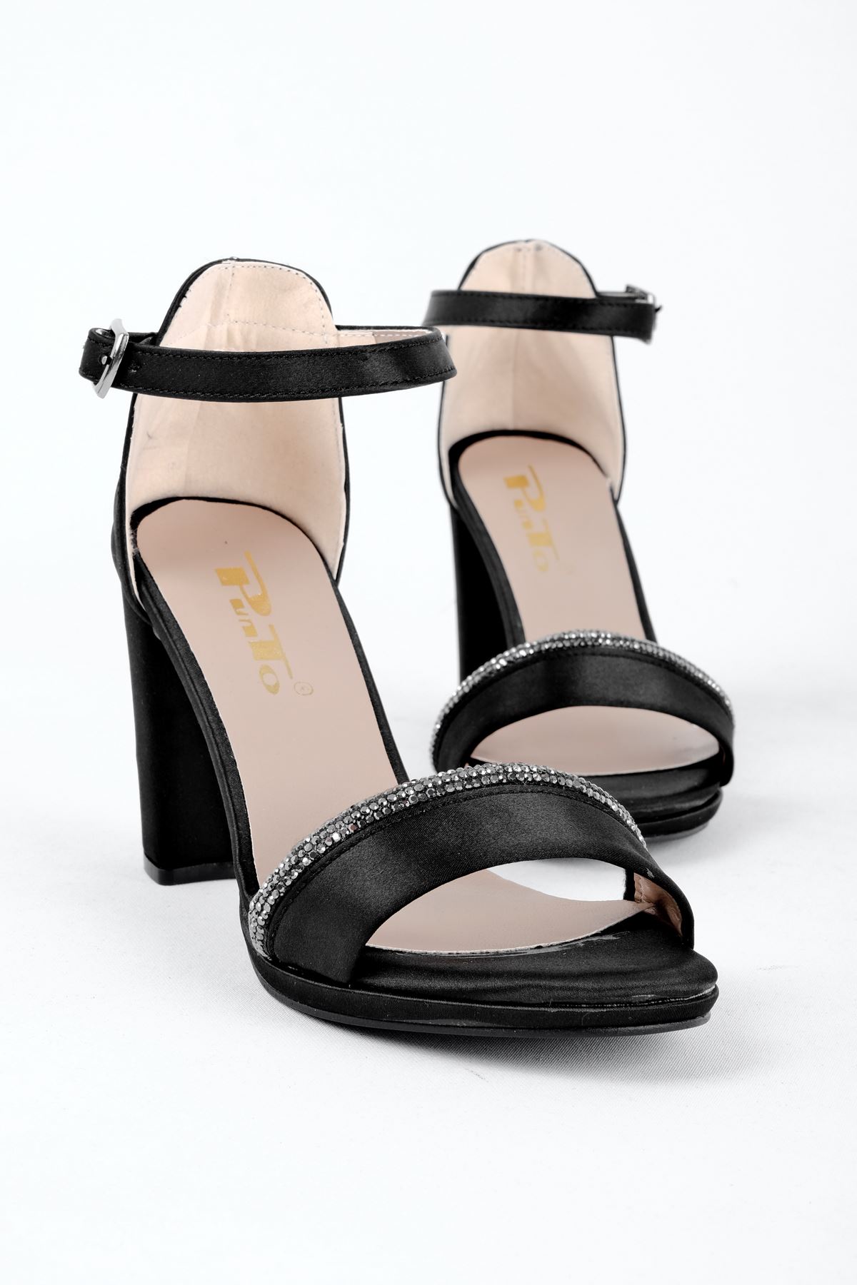 Esta Kadın Tek Bantlı Saten Taş Detaylı Topuklu Ayakkabı-siyah