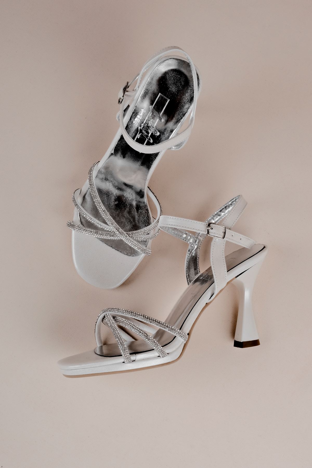 Aster Kadın Çapraz 3 Bantlı Taşlı Topuklu Ayakkabı-SEDEF