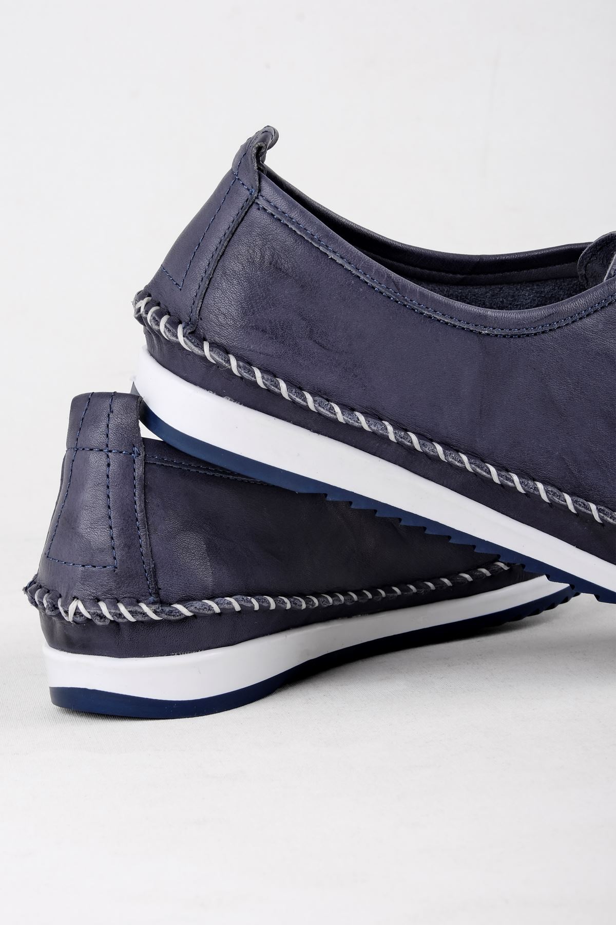 Nova Hakiki Deri Kadın Ayakkabı Dikiş Detaylı-Mavi