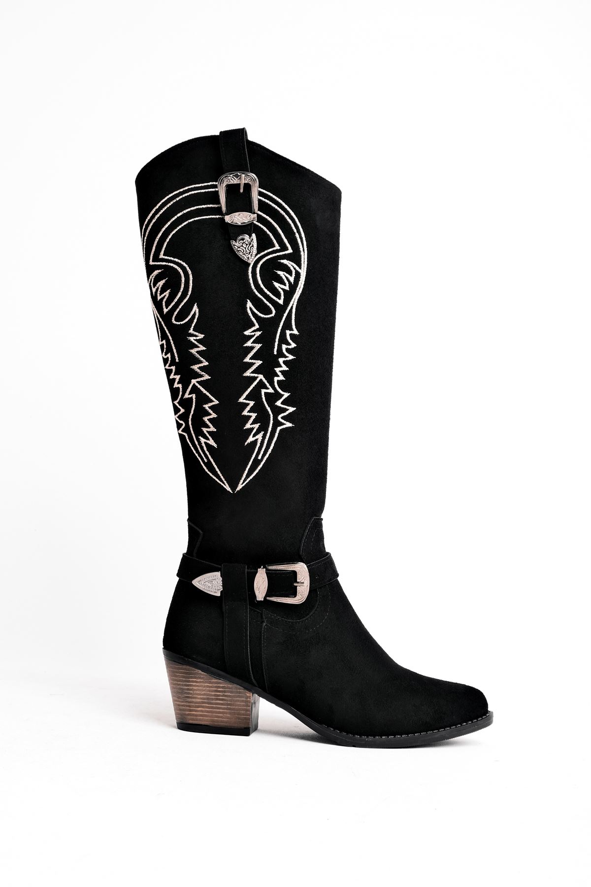 Brice Kadın Nakışlı Kemer Detaylı Kovboy Topuklu Çizme-siyah