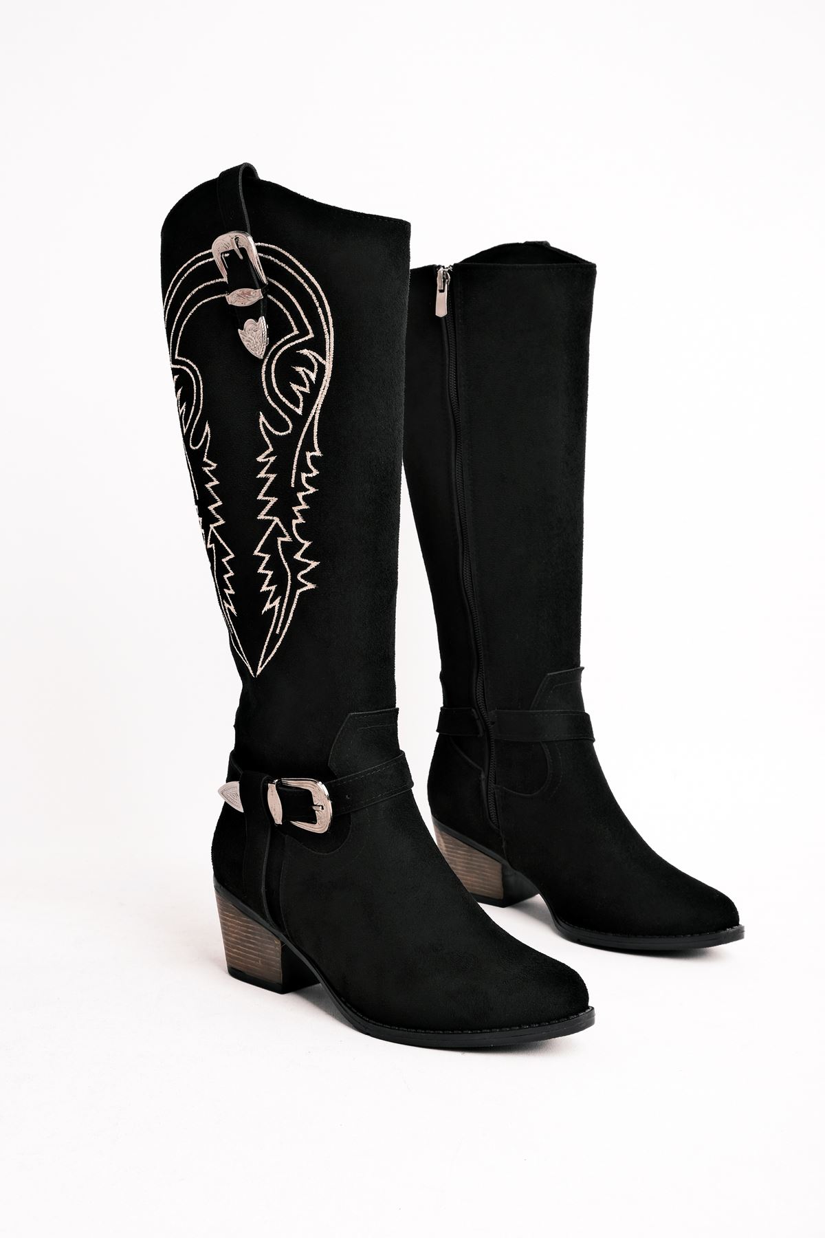 Brice Kadın Nakışlı Kemer Detaylı Kovboy Topuklu Çizme-siyah
