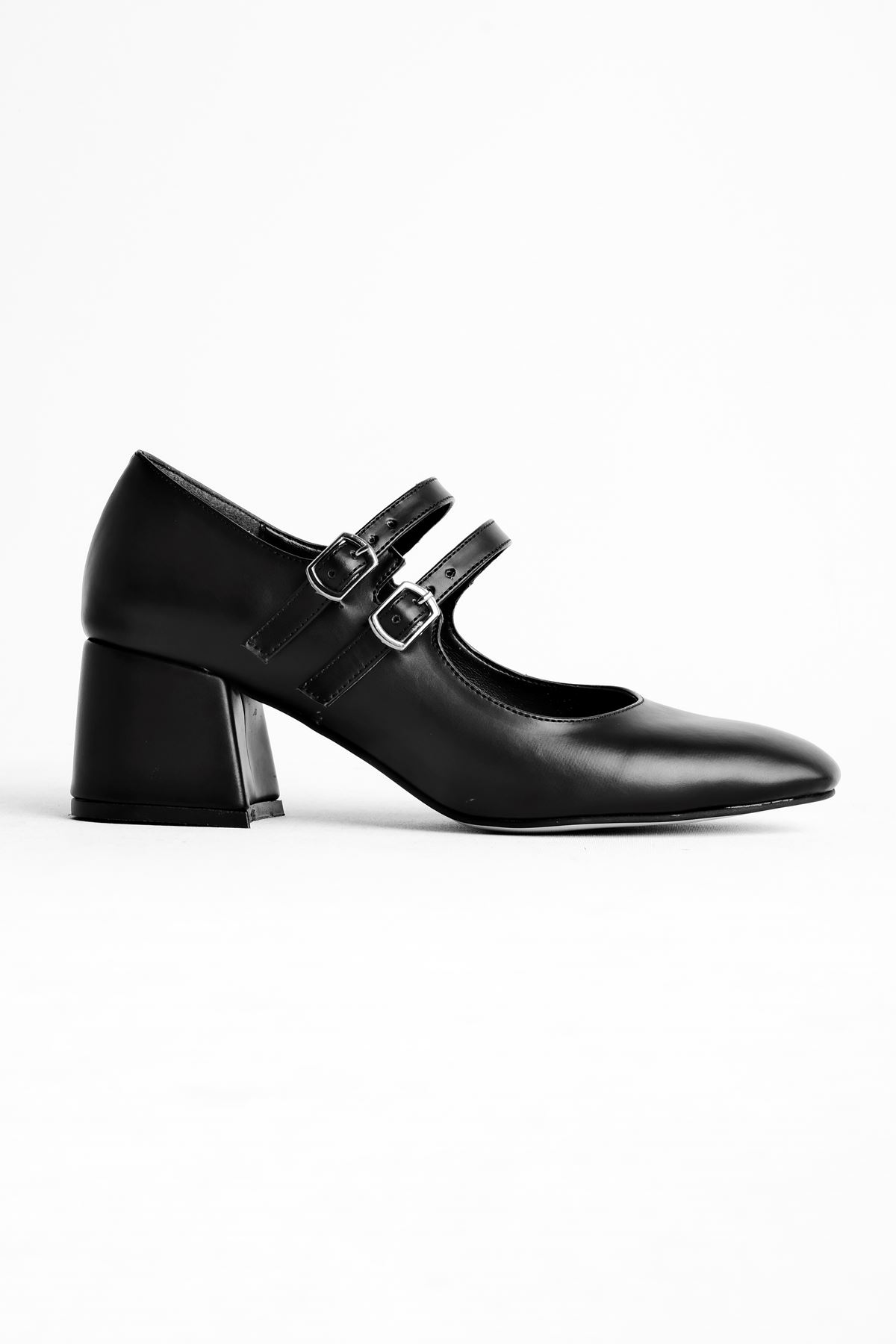 Agnes Kadın Topuklu Ayakkabı İki Kemerli Detaylı-siyah
