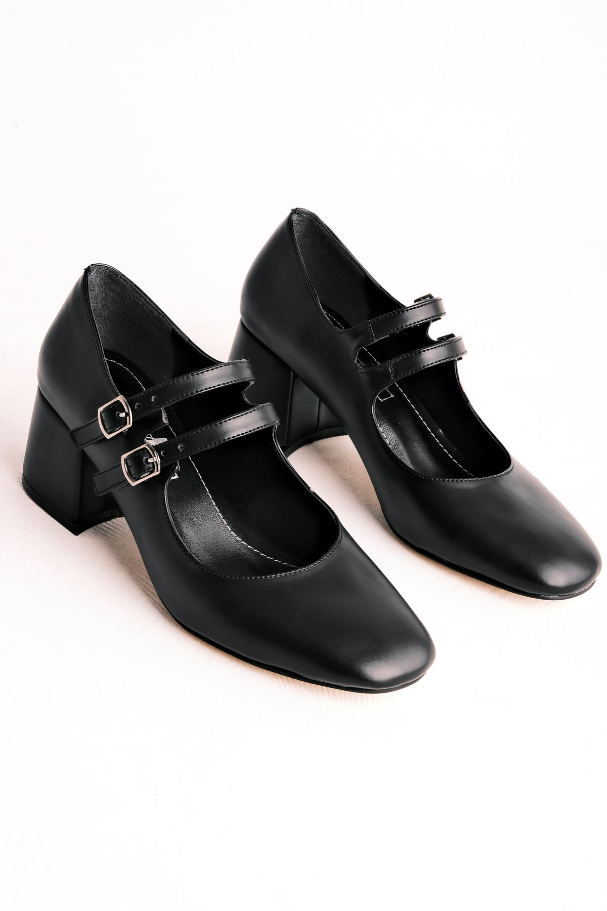 Agnes Kadın Topuklu Ayakkabı İki Kemerli Detaylı-siyah