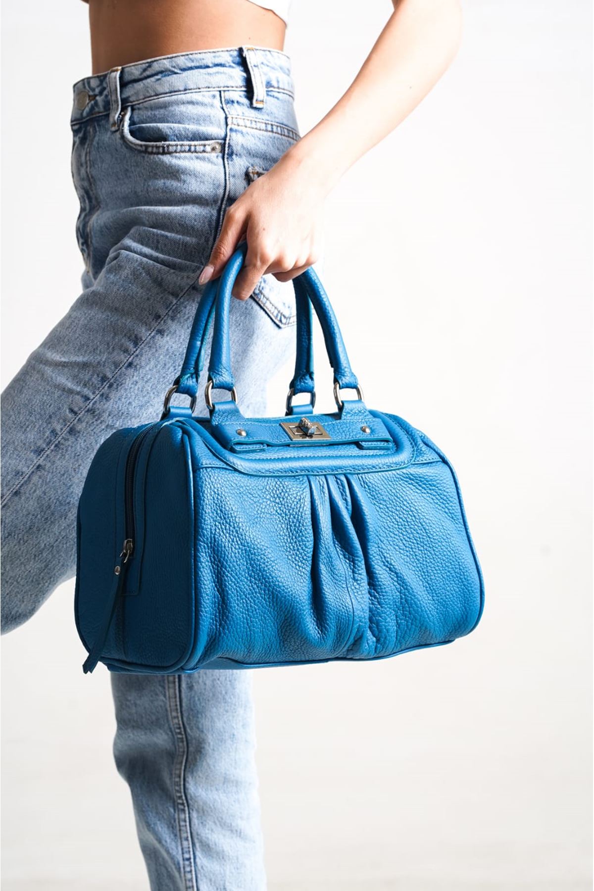 Kadın Hakiki Deri El Çanatsı Bavul Model-Petrol Mavi