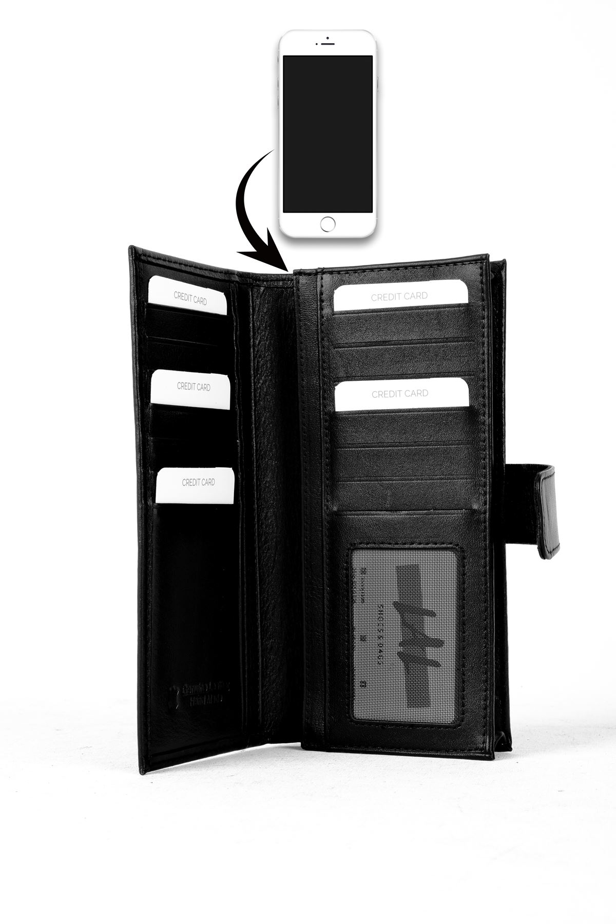 Unisex Hakiki Deri  Büyük Boy Telefonluklu Cüzdan  Çıtçıtlı-siyah
