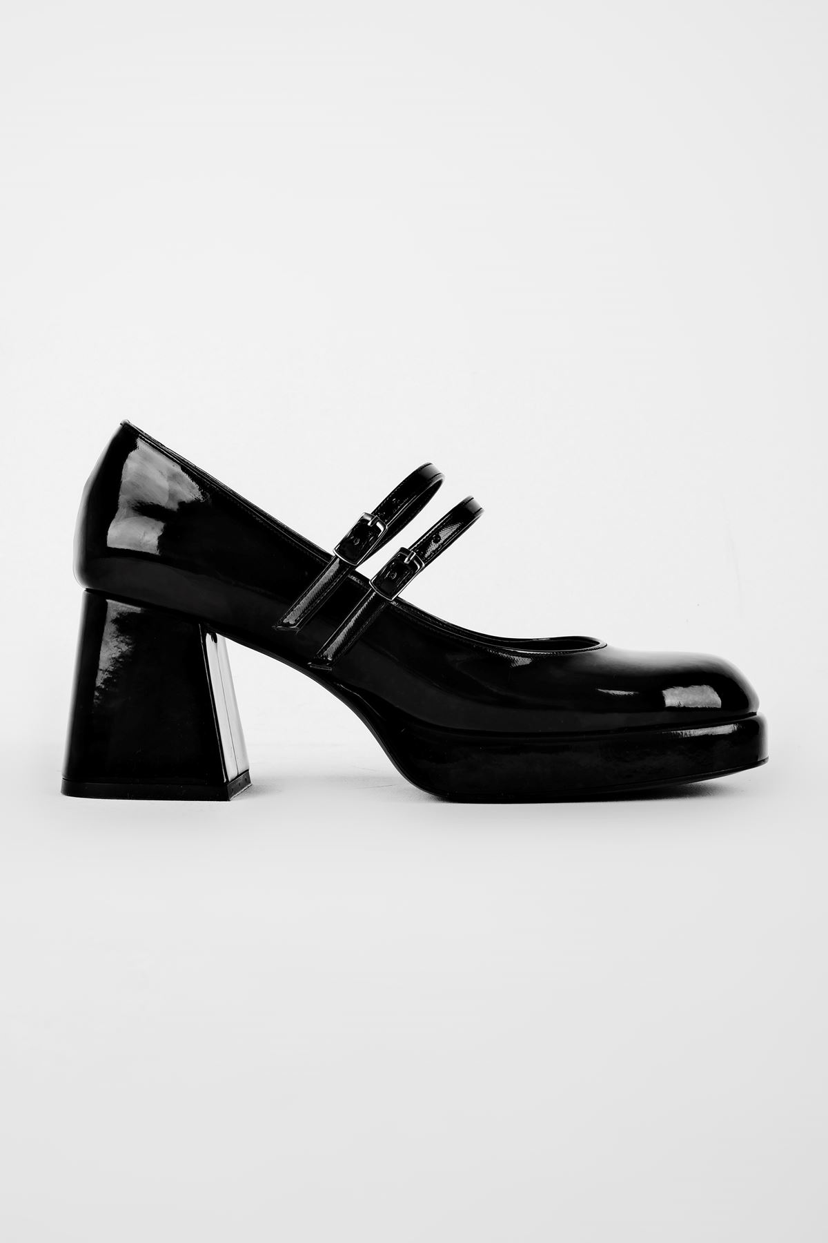 Cool Kadın İki Bantlı Vintage Topuklu Ayakkabı-Rugan Siyah