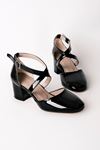 Afra Kadın Topuklu Ayakkabı Önü Çapraz Detaylı-Rugan Siyah
