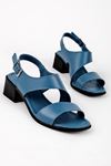 Flaxen Kadın Hakiki Deri Bant Detaylı Topuklu Ayakkabı-Mavi
