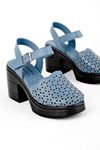 Kelvin Kadın Hakiki Deri Delikli Önü Kapalı Topuklu Ayakkabı-Mavi